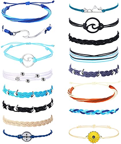 LOLIAS 16Pcs String Wave Fußkettchen Armbänder für Frauen Sommer Surfer Fußkettchen Armbänder Einstellbare wasserdichte Freundschaftsarmband Strand Geflochtenes Seil Sonnenblume Boho Armband Set von LOLIAS