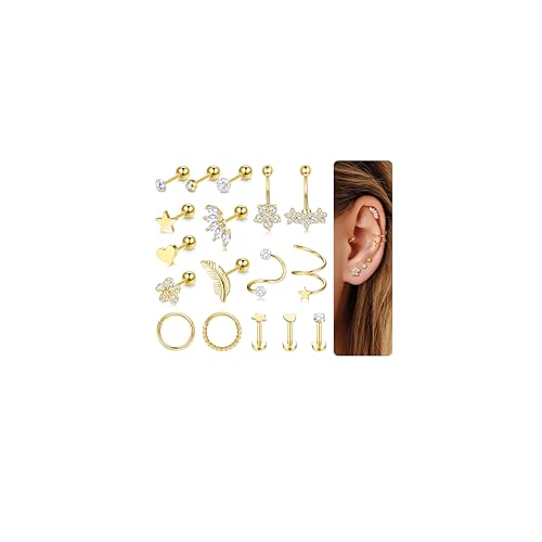 LOLIAS 17 Stück 16G Helix Piercing Gold 316L Chirurgenstahl Piercing Ohr Gold Helix Conch Tragus Piercing Set Gold Damen von LOLIAS