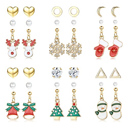 LOLIAS 18 Paar Weihnachten Ohrstecker Set für Frauen Weihnachten Urlaub Ohrringe Netter Schneemann Weihnachtsmann Rentier Schneeflocke Baum Tropfen Ohrringe mit Weihnachtsgeschenktüte von LOLIAS