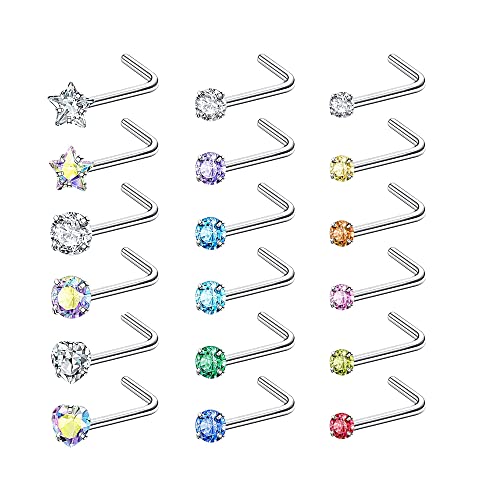 LOLIAS 18 Stück 20G Nasenstecker Damen 316L Chirurgenstahl Nasenpiercing Stecker Nasenring Nostril Bunte CZ Herz Stern L Form Nasen Piercing Schmuck von LOLIAS