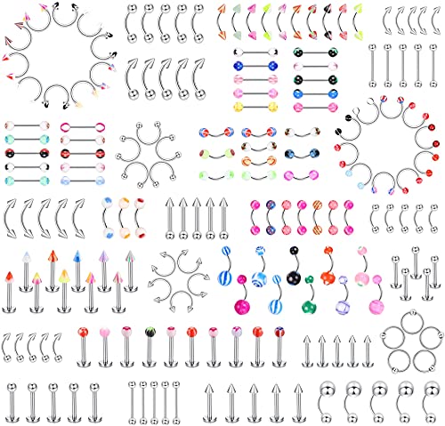 LOLIAS 185pcs Piercing Schmuck für Frauen Männer Zunge Nippelringe Augenbraue Lip Bauchnabel Langhantel Nasenpiercing Tragus Nabel Langhanteln 14g-18g von LOLIAS