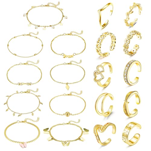 LOLIAS Fußkettchen Zehenringe Set für Damen Der Schmetterling Fußkettchen Armbänder Boho Geschichte Kate Fußkettchen Offene Verstellbare Zehenringe Sommer Strand Fußschmuck von LOLIAS