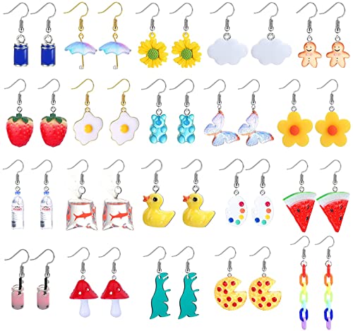 LOLIAS 20 Paar Süße Lustige Ohrringe - Kawaii Seltsame Ohrringe mit Wasserflasche, Goldfisch, Erdbeer, Pilz und Dinosaurier Design - Durchsichtige Box mit baumelnden, ästhetischen Ohrringen von LOLIAS