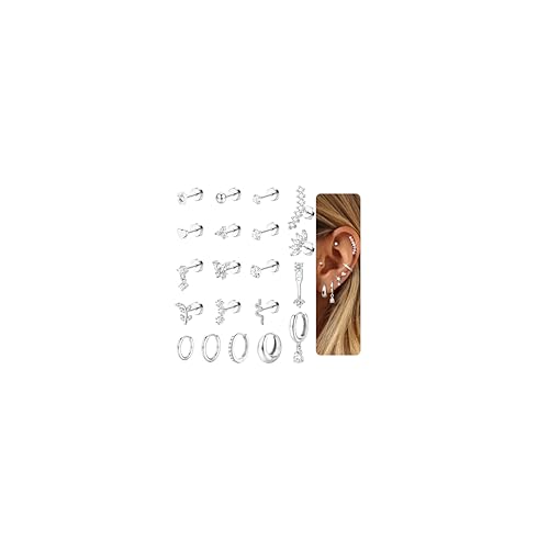 LOLIAS 20Pcs Helix Piercings Chirurgenstahl Ohrringe Damen Flatback Ohrstecker Knorpel Ohrpiercing Set Klein Ohrring mit Flachem Verschluss Creolen Silber Conch Helix Tragus Piercing Ohr Schmuck von LOLIAS