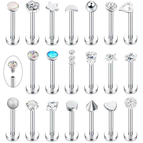 LOLIAS 20 Stück Tragus Knorpel Forward Helix Ohrstecker für Damen Herren Monroe Labret Piercing Ohr Lippen Nasen Edelstahl CZ Kugeln Herz Blume Medusa Flatback Piercings Ohrringe 16G von LOLIAS