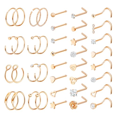 LOLIAS 23/40 Stück Nasenpiercing Set - 20G Silber Nasenring, L-förmige Gold Nasenstecker, Nostril Piercing Ring Mit CZ Schmuck für Damen Herren - Chirurgenstahl von LOLIAS