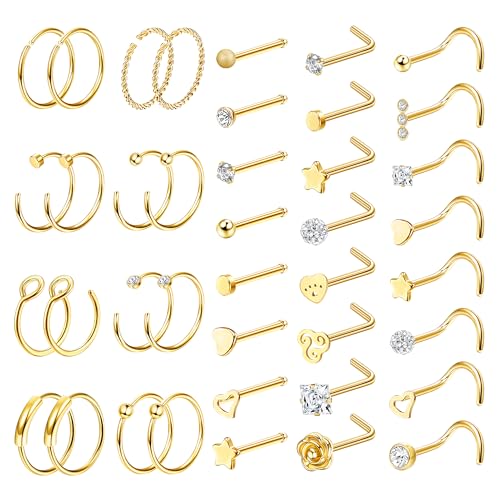 LOLIAS 23/40 Stück Nasenpiercing Nasenring 20G Silber Nasenpiercing Chirurgenstahl Set L förmige Gold Nasenstecker Nostril Piercing Ring mit CZ Nasenpiercing Schmuck für Damen Herren von LOLIAS