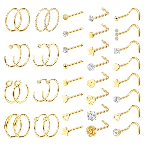 LOLIAS 23/40 Stück Nasenpiercing Nasenring 20G Silber Nasenpiercing Chirurgenstahl Set L förmige Gold Nasenstecker nostril piercing ring mit CZ Nasenpiercing Schmuck für Damen Herren von LOLIAS