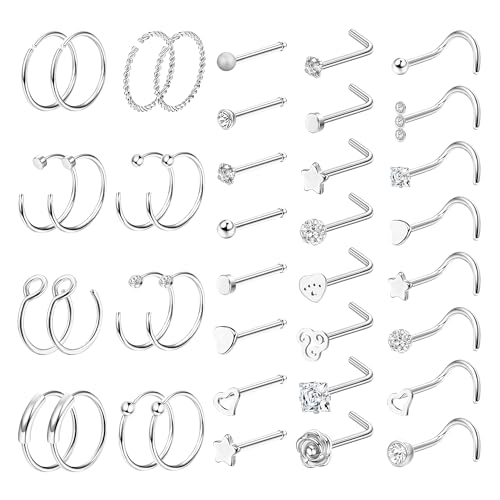 LOLIAS 23/40 Stück Nasenpiercing Set - 20G Silber Nasenring, L-förmige Gold Nasenstecker, Nostril Piercing Ring Mit CZ - Chirurgenstahl Schmuck für Damen Herren von LOLIAS