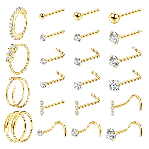 LOLIAS 23/40 Stück Nasenpiercing Nasenring 20G Silber Nasenpiercing Chirurgenstahl Set L förmige Gold Nasenstecker nostril piercing ring mit CZ Nasenpiercing Schmuck für Damen Herren von LOLIAS