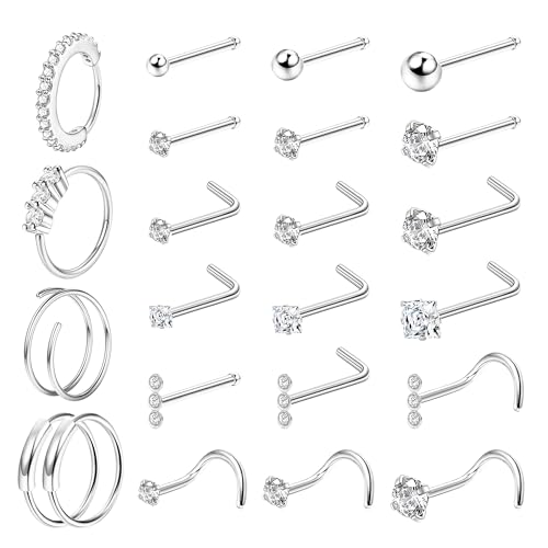 LOLIAS 23/40 Stück Nasenpiercing Nasenring 20G Silber Nasenpiercing Chirurgenstahl Set L förmige Gold Nasenstecker nostril piercing ring mit CZ Nasenpiercing Schmuck für Damen Herren von LOLIAS