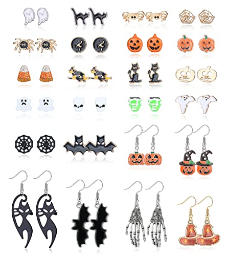 LOLIAS 24 Paar Halloween Ohrstecker Sets Fledermaus Katze Spinne Kürbis Hexe Ohrring Set für Damen Spinnennetz Kürbis Boo Geist Totenkopf Ohrhänger Halloween Schmuck von LOLIAS