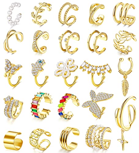 LOLIAS 24Pcs Gold Ear Cuff Ohrklemme Ohrringe Damen Kleine Creolen Ohrstecker Ohrringe Fake Earrings Helix Knorpel Ohrringe 18K Vergoldet Hypoallergene Ohrringe Manschette Ohr Clips Helix Pircings von LOLIAS