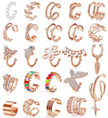 LOLIAS 24 Stück Gold Ear Cuff Ohrklemme Ohrringe Damen Kleine Creolen Ohrstecker Fake Earrings Helix Knorpel 18K Vergoldet Hypoallergene Manschette Ohr Clips Helix Pircings von LOLIAS