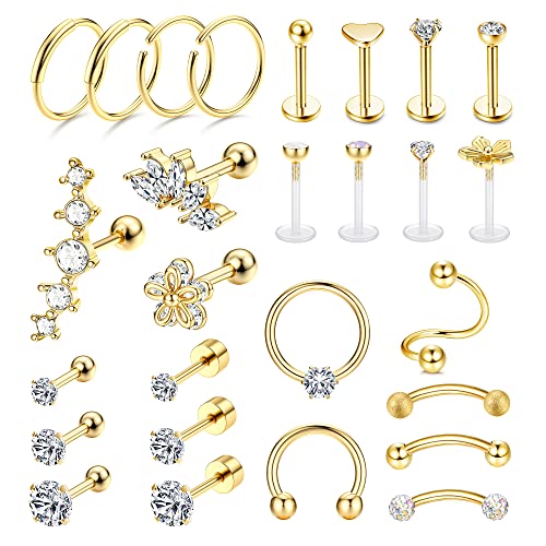 LOLIAS 27 Stück Helix Tragus Piercing Ohrringe für Frauen Männer Edelstahl Creolen Muschel Piercing Ohr Schmuck Nase Lippen Clicker Ring CZ Langhantel Piercing Set für Mädchen Geschenk von LOLIAS