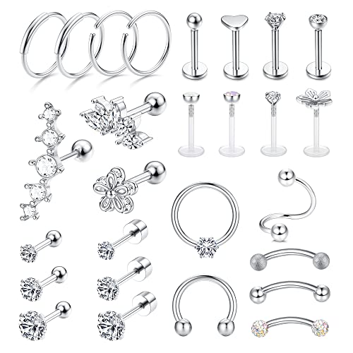 LOLIAS 27 Stück Helix Tragus Piercing Ohrringe für Frauen Männer Edelstahl Creolen Muschel Piercing Ohr Schmuck Nase Lippen Clicker Ring CZ Langhantel Piercing Set für Mädchen Geschenk von LOLIAS