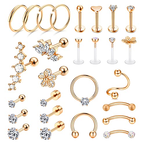 LOLIAS 27 Stück Helix Tragus Piercing Ohrringe für Frauen Männer Edelstahl Creolen Muschel Piercing Ohr Schmuck Nase Lippen Clicker Ring CZ Langhantel Piercing Set für Mädchen Geschenk von LOLIAS