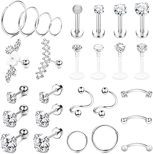 LOLIAS 27Pcs 16G Knorpelohrstecker Ohrstecker für Frauen Männer Edelstahl CZ Labret Helix Piercing Tragus Ohrstecker Forward Conch Piercing Schmuck Set von LOLIAS