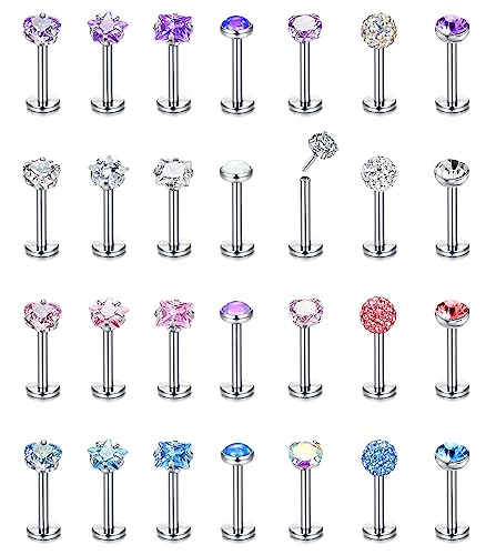 LOLIAS 28 Stück Lippenpiercing Edelstahl 16/20G 6/8mm Labret Tragus Piercing Schmuck Stern Herz CZ Opal Medusa Ashley Piercing Lippen Piercings Stecker für Damen Herren Silber Ton von LOLIAS