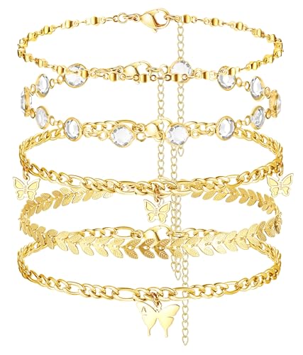 LOLIAS 3/5 Stück Layered Fußkettchen Gold Strass Fußkettchen Fishbone Fußkettchen Perlen Fußkette Schmuck für Frauen und Mädchen von LOLIAS