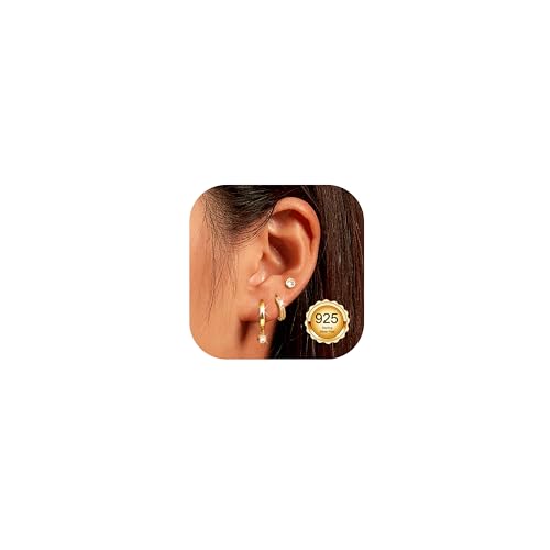 LOLIAS 3 Paar 14K Ohrringe Gold Set für Damen Kleine Creolen Silber 925 Stapelbar Helix Piercings Ohr Runder Zirkon Creolen Ohrringe Set für Mehrere Piercings von LOLIAS