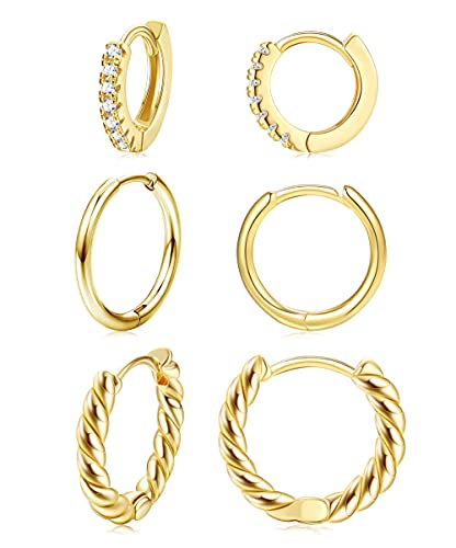 LOLIAS 3 Paar Edelstahl Kleine Creolen für Damen Mädchen 14K Gold Twisted Huggie Hypoallergen Creolen Set Leichte Hinged Cubic Zirkonia Knorpel Creolen Sleeper Ohrringe für Herren von LOLIAS