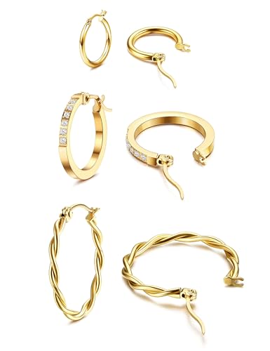 LOLIAS 3 Paar Edelstahl Kleine Creolen für Damen Mädchen 14K Gold Twisted Huggie Hypoallergen Creolen Set Leichte Hinged Cubic Zirkonia Knorpel Creolen Sleeper Ohrringe für Herren von LOLIAS