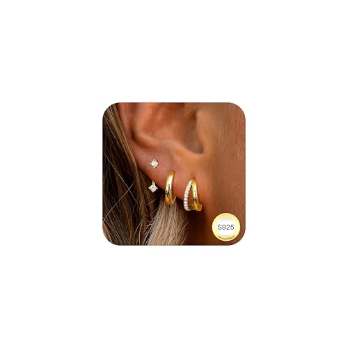 LOLIAS 3 Paar Ohrringe Gold Set für Damen 14K Vergoldet Kleine Ohrstecker Gold Stapelbar Zirkonia Helix Piercings Ohr Gold Ohrstecker Creolen Ohrringe Set für Mehrere Piercings von LOLIAS