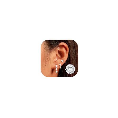 LOLIAS 3 Paar Ohrringe Silber 925 Set für Damen Kleine Creolen Silber 925 Stapelbar Helix Piercings Ohr Herz Zirkon Creolen Ohrringe Set für Mehrere Piercings von LOLIAS