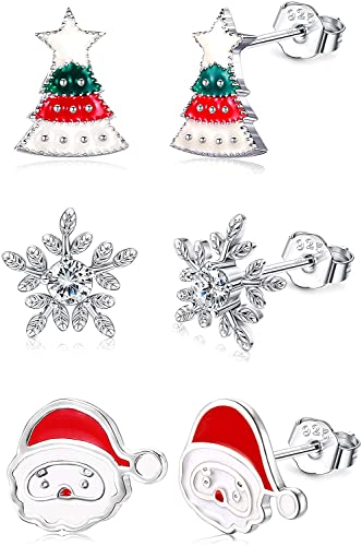 LOLIAS 3 Paar Weihnachtsohrringe 925 Sterling Silber Ohrstecker für Frauen Teen Hypoallergen Schneemann Weihnachtsmann Weihnachtsbaum Schneeflocke Ohrringe Weihnachten Thanksgiving Schmuck Geschenk von LOLIAS