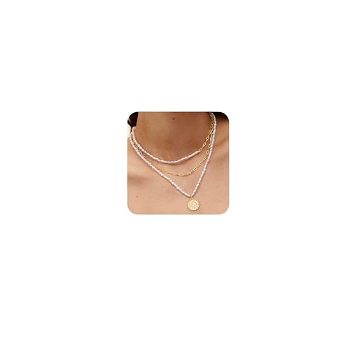 LOLIAS 3 STÜCK Gold Perlenkette Damen mit Münz anhänger Layering Kette Damen Gold Perlen Kette Gold Halsketten für Frauen Goldene Halskette Damen Gold Necklaces Schmuck Geschenke von LOLIAS