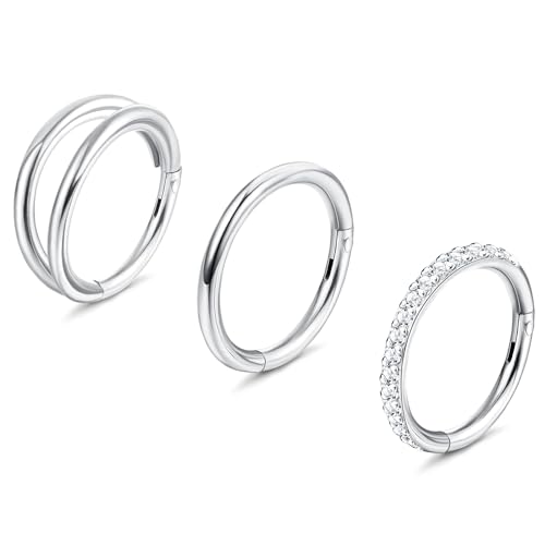 LOLIAS 3 Stück G23 Titan Nasenring Edelstahl, Nasenringe Nasenpiercing, Hoop Nose Ring, Helix Ring Set, Daith Ring, Septum Ringe, Hoop Ohrringe Septum für Damen Männer Silber Farbe 8mm 10mm 16G von LOLIAS