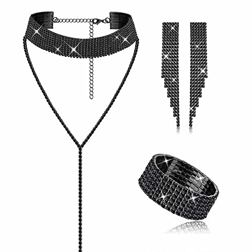 LOLIAS 3 Stücke Frauen Strass Schmuck Set Strass Quaste Choker Halskette Fringe Armband Kristall Dangling Ohrring für Hochzeit Verlobung Braut Party Prom Schmuck von LOLIAS