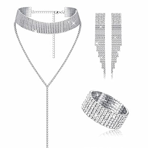 LOLIAS 3 Stücke Frauen Strass Schmuck Set Strass Quaste Choker Halskette Fringe Armband Kristall Dangling Ohrring für Hochzeit Verlobung Braut Party Prom Schmuck von LOLIAS