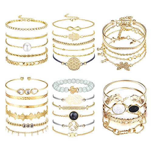 LOLIAS 32 STÜCK Boho Armband Damen Gold Mehrschichtiges Stapelbares Offenes Manschettenwickel Silber Armbänder Verstellbar Mode Büroklammer Kubanische Armband Set Schmuck für Mädchen Geschenk von LOLIAS