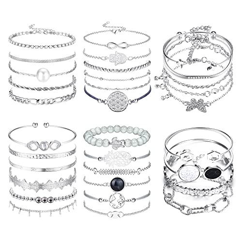 LOLIAS 32 STÜCK Boho Armband Damen Gold Mehrschichtiges Stapelbares Offenes Manschettenwickel Silber Armbänder Verstellbar Mode Büroklammer Kubanische Armband Set Schmuck für Mädchen Geschenk von LOLIAS