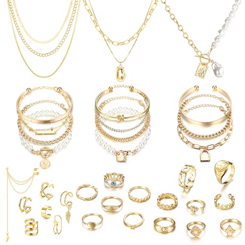 LOLIAS 35 Stück Gold/Silber Schmuckset Mit 3 Stück Anhänger Halskette 11 Stück Geschichtetes Armband 7 Stück Ohrmanschetten Ohrring 14 Stück Knöchelringe Für Damen Mädchen Modeschmuck von LOLIAS