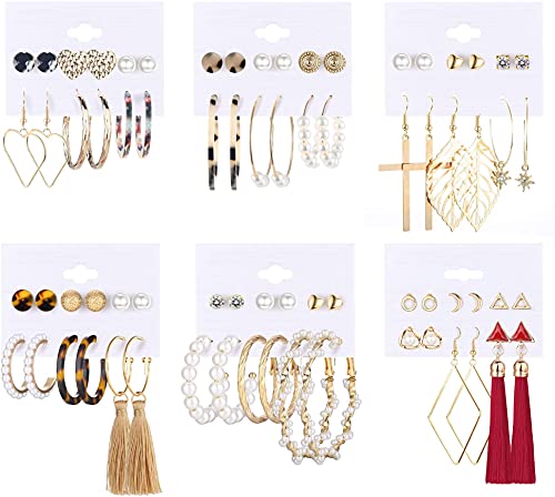 LOLIAS 36 Pairs Fashion Earrings Set for Women Bohemian Dangle Tassel Earring Packs Acrylic Pearl Hoop Earrings Cute Small Ball Heart Moon CZ Stud Earrings for Birthday Gifts von LOLIAS