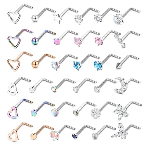 LOLIAS 36 Stück 20G Nasenpiercing Stecker 316L Chirurgenstahl Nasenstecker Silber Herz Stern Mond Nostril Piercing Damen Screw/Straight/L-Form Nasenpiercing Ring Nasen Nase Stud Nose Piercing Schmuck von LOLIAS