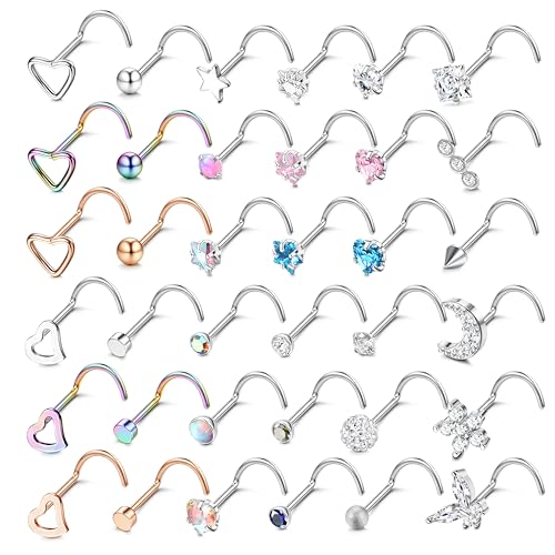 LOLIAS 36 Stück 20G Nasenpiercing Stecker 316L Chirurgenstahl Nasenstecker Silber Herz Stern Mond Nostril Piercing Damen Screw/Straight/L-Form Nasenpiercing Ring Nasen Nase Stud Nose Piercing Schmuck von LOLIAS