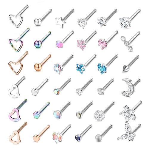 LOLIAS 36 Stück 20G Nasenpiercing Stecker 316L Chirurgenstahl Nasenstecker Silber Herz Stern Mond Nostril Piercing Damen Screw/Straight/L-Form Nasenpiercing Ring Nasen Nase Stud Nose Piercing Schmuck von LOLIAS