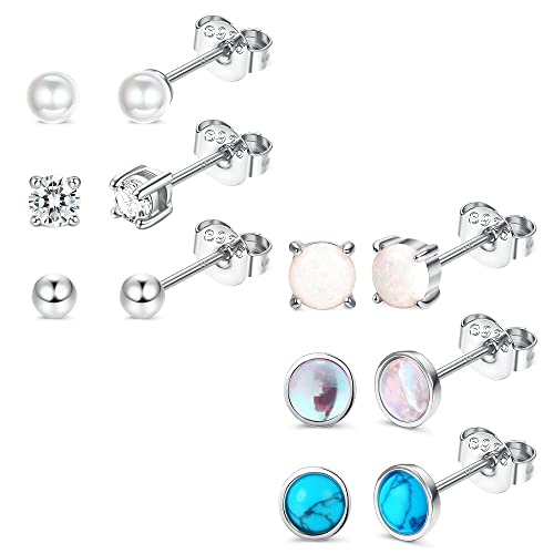 LOLIAS 3MM 925 Ohrringe Sterling Silber Ohrstecker Set für Damen Teenager Blau Mondstein CZ Ohrringe Perle Hypoallergene Türkis Opal Ohrringe Runde Ohrstecker Geschenk Tochter Damen von LOLIAS