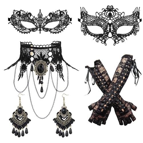 LOLIAS 4-5 PCS Schwarze Spinne Choker Halskette mit Armband und Anhänger Ohrringe Gothic Vintage Set für Damen Halloween Vampir Steampunk Hochzeit Party Mascarade Kostüm Schmuck Sets von LOLIAS