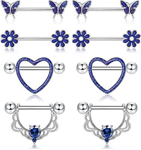 LOLIAS 4 Paar 14G Nippelringe für Frauen 316L Edelstahl Herz CZ Blume Schmetterling Langhantel Nippel Set Niedlicher Nippel Piercing Schmuck von LOLIAS