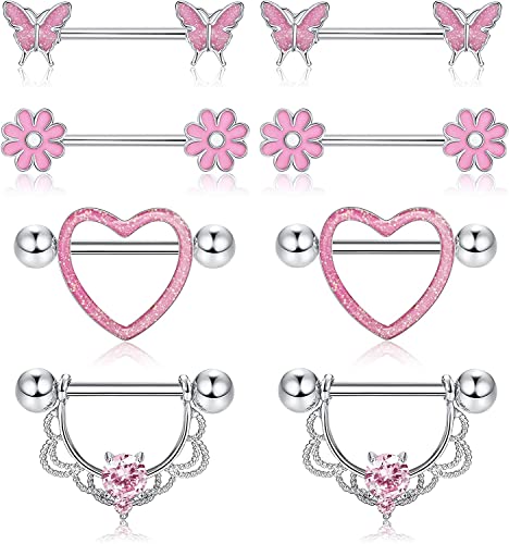 LOLIAS 4 Paar 14G Nippelringe für Frauen 316L Edelstahl Herz CZ Blume Schmetterling Langhantel Nippel Set Niedlicher Nippel Piercing Schmuck von LOLIAS