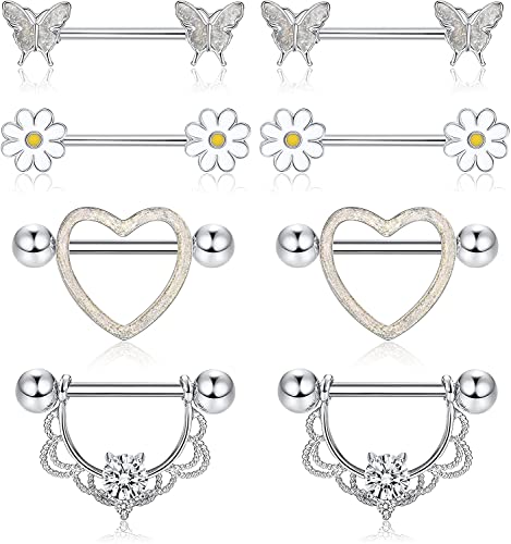 LOLIAS 4 Paar 14G Nippelringe für Frauen 316L Edelstahl Herz CZ Blume Schmetterling Langhantel Nippel Set Niedlicher Nippel Piercing Schmuck von LOLIAS