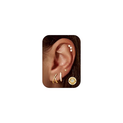 LOLIAS 4 Paar Ohrringe Silber 925 Set für Damen 14 Karat Vergoldet Kleine Ohrstecker Trendige Gold Creolen minimalistischer CZ Diamant hypoallergener Ohrstecker für mehrere Piercings von LOLIAS