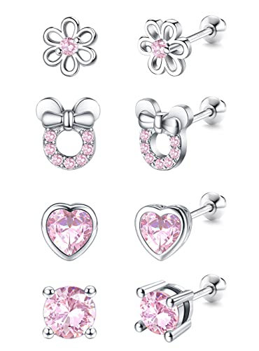 LOLIAS 4 Paar Ohrstecker Silber 925 Mädchen Damen Hypoallergene Herzform Blume Schmetterling Zirkonia Ohrringe Set Süße Rosa Ohrringe CZ Schmuck für Geschenk von LOLIAS