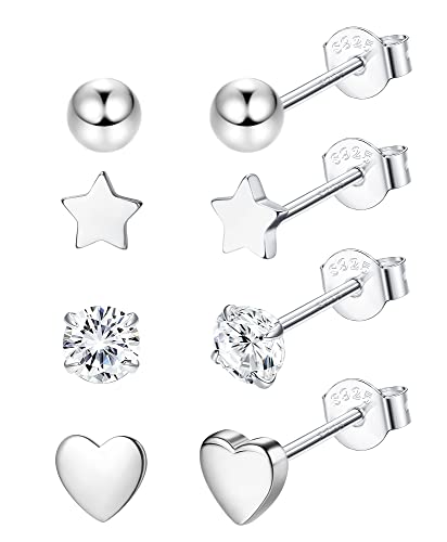 LOLIAS 4 Paar massive 925 Sterling Silber Ohrstecker Set für Damen Herren Winzige Kleine Kugel Herz Stern Zirkonia Ohrringe Hypoallergen Knorpel Helix Ohrpiercing Ohrringe von LOLIAS