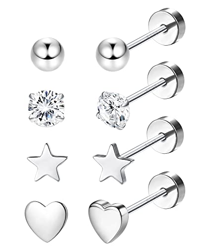 LOLIAS 4 Paar massive 925 Sterling Silber Ohrstecker Set für Damen Herren Winzige Kleine Kugel Herz Stern Zirkonia Ohrringe Hypoallergen Knorpel Helix Ohrpiercing Ohrringe von LOLIAS